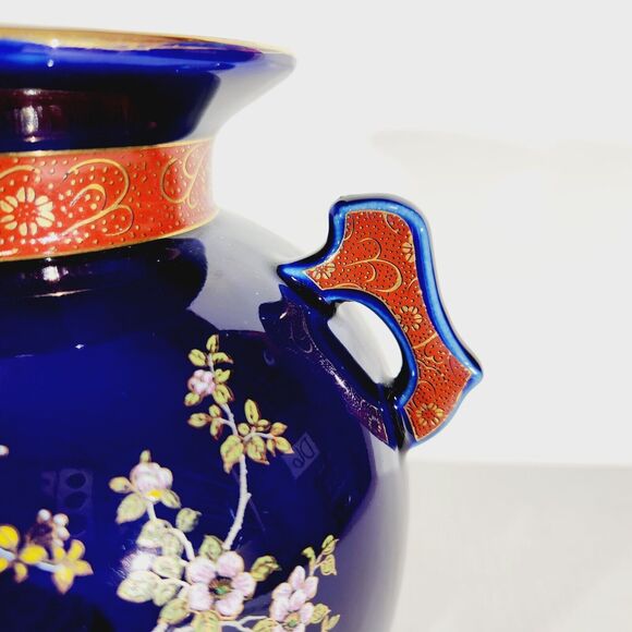 Vase Japanese Cobalt Blue 8.5" Handles Vintage Vtg Porcelain Peacock Bird Nature - Picture 8 of 14